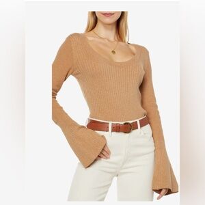 Paige Mimi Ribbed Sweater Bell sleeve Bodysuit in dark camel NWOT